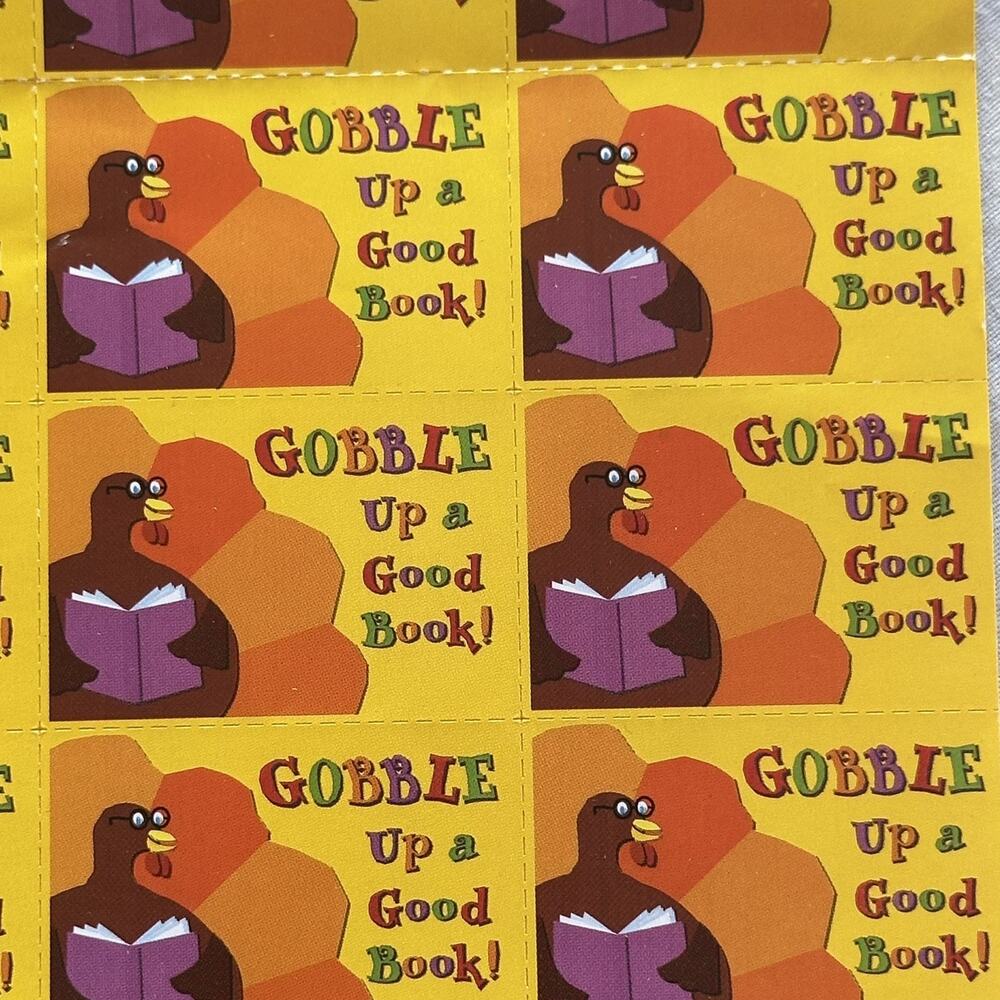 Vintage 90s Book Club Stickers Thanksgiving Turkey Gobble Up a Good Book 1999